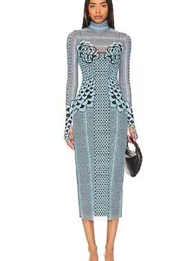 AFRM Light Blue Patterned Sheer Long-Sleeve Midi Dress
